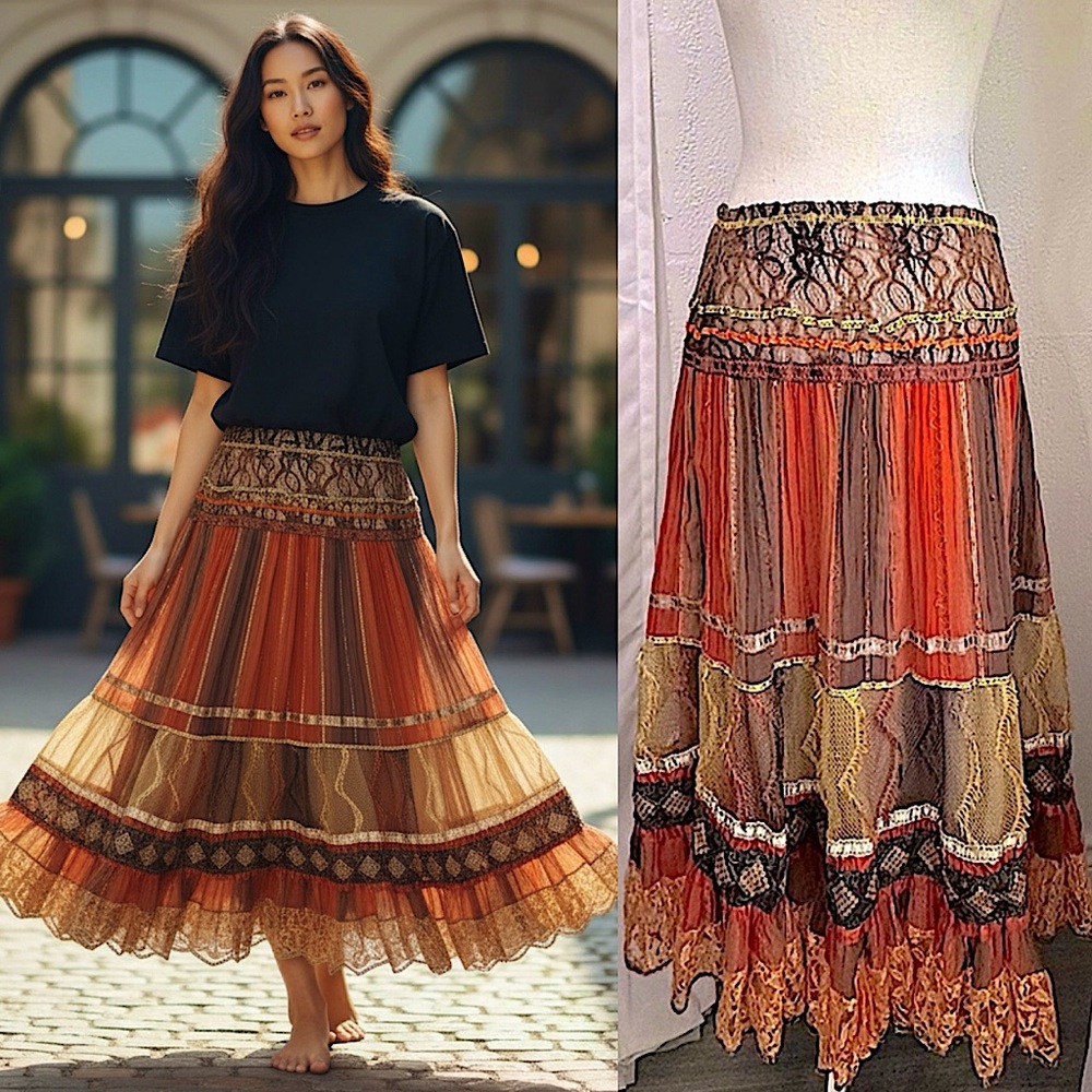🤎🧡 Bohemian Orange brown Midi Maxi Festival boho Skirt size Small
